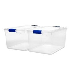 HOMZ Heavy Duty Modular Stackable Storage Tote Containers with Latching Lids. 66 Quart Capacity. Clear. 2 Pack