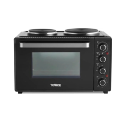 Tower T14044 Mini Oven with Dual Hot Plates. Adjustable Temperature Control. 90 Minute Timer. Baking Tray and Wire Rack. Black with Silver Accents. 32 Litre