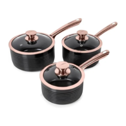 Tower T800001RB Linear Non Stick Induction Saucepans Sets With Lids. Easy Clean. Black and Rose Gold. 3 Piece Set. 16/18/20 cm