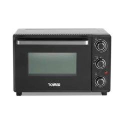 Tower T14043 Mini Oven with Adjustable Temperature Control. 90 Minute Timer. Baking Tray and Wire Rack. 23 Litre. Black with Silver Accents