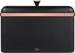 Tower Cavaletto Bread Bin with Removable Lid. Large Capacity. Durable Steel Body. Black and Rose Gold