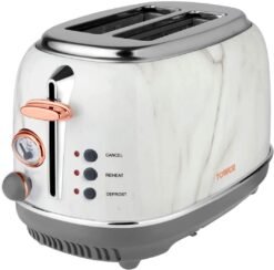 Tower Bottega T20016WMRG 2 Slice Stainless Steel Toaster with Adjustable Browning Control. Defrost and Reheat Settings. White Marble and Rose Gold