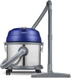 Tower T136000 TDW10 Stainless Steel Wet and Dry Vacuum with Floor Brush. Extendable Tube and Crevice Nozzle. 15L. 1200W. Washington Blue