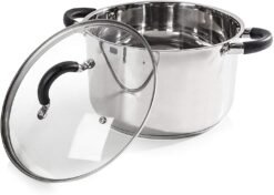 Tower T80837 Essentials 24cm Casserole Dish with Encapsulated Base & Tempered Glass Lid. Mirror Finish Interior & Exterior. Induction Compatible. Stainless Steel. Silver