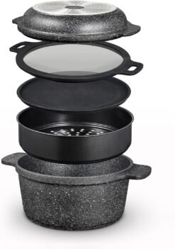 Tower Precision Multi-Functional Casserole Set with Steamer Insert. Lightweight Cast Aluminium. 24cm. Black. T900190