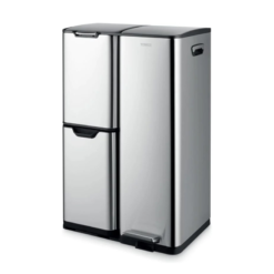 Tower Recycling Pedal Bin. Three Individual Compartments with Removable Inner Buckets. Carbon Steel Body. 60L. Silver