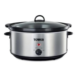 Tower T16040Y Slow Cooker with 3 Heat Settings and Removable Dishwasher Safe Pot. Up to 8 Portions. 6.5 Litre. Stainless Steel. Silver
