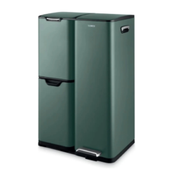 Tower Recycling Pedal Bin. Three Individual Compartments with Removable Inner Buckets. Carbon Steel Body. 60L. Forest Green