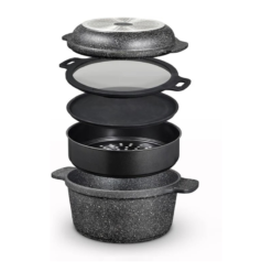 Tower Precision Multi-Functional Casserole Set with Steamer Insert. Lightweight Cast Aluminium. 24cm. Black. T900190