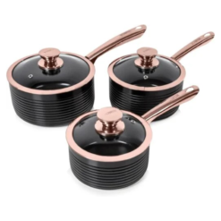 Tower T800001RB Linear Non Stick Induction Saucepans Sets With Lids. Easy Clean. Black and Rose Gold. 3 Piece Set. 16/18/20 cm